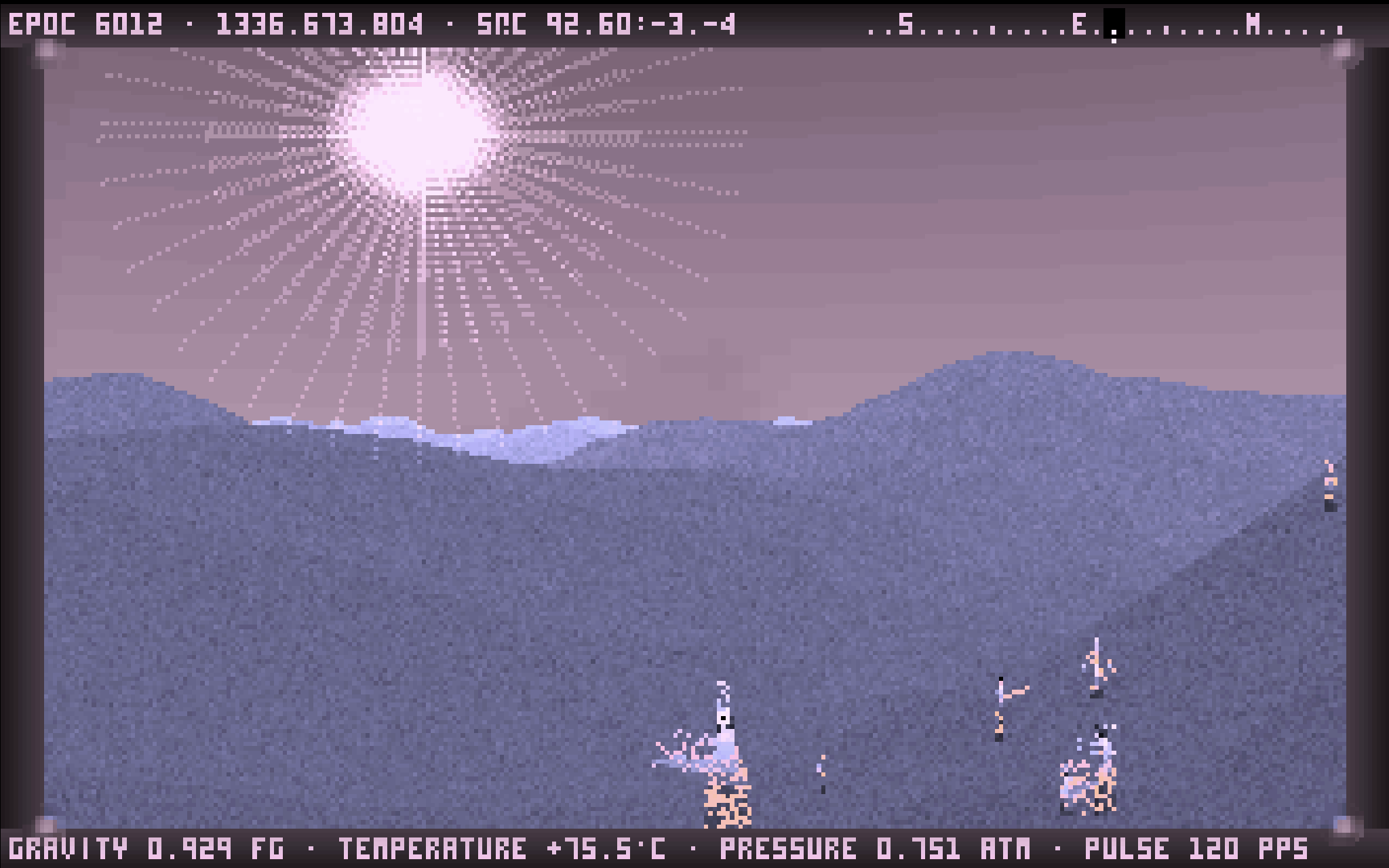 A lavender planetary landscape beneath a pink sun in Noctis